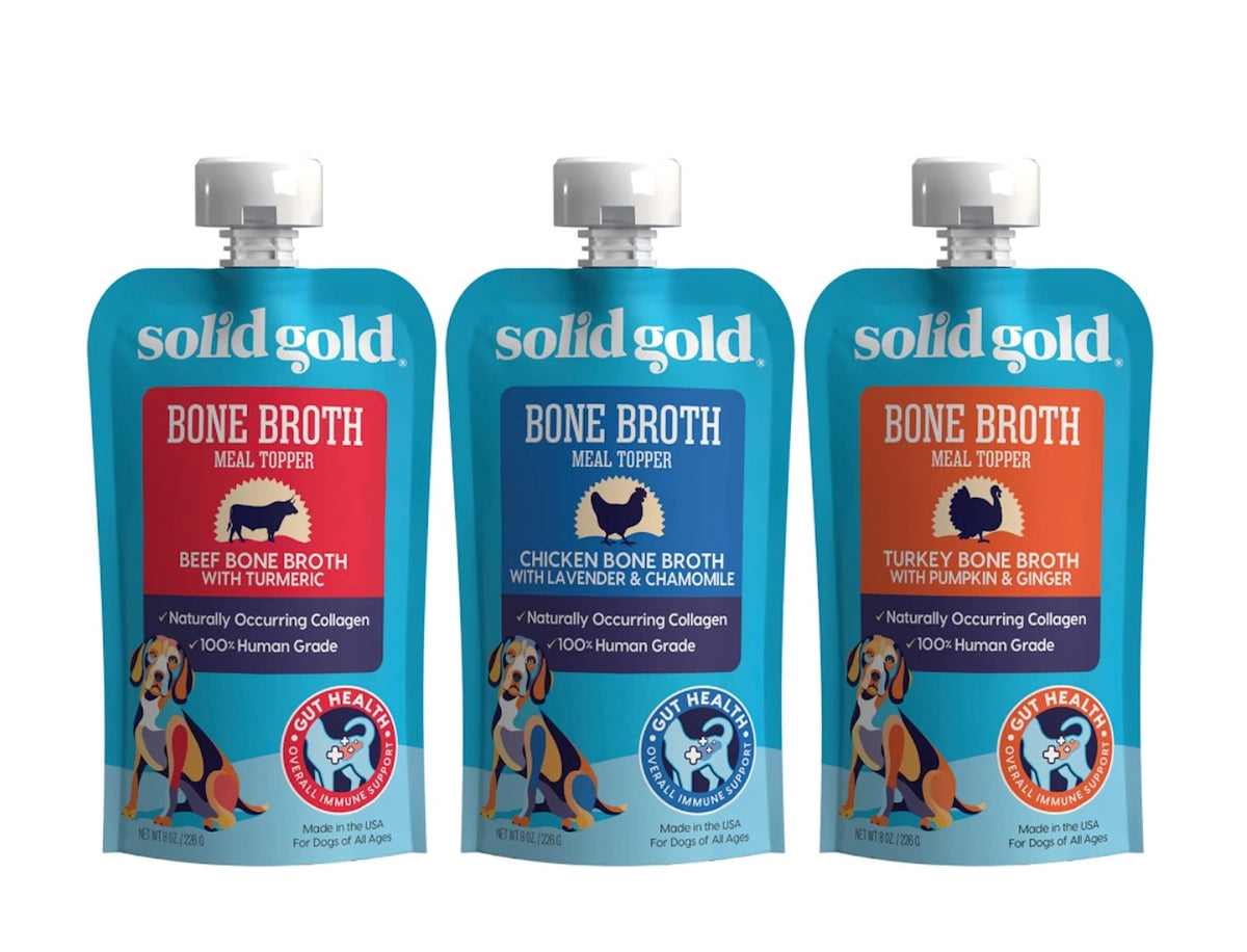 Solid Gold Human Grade Bone Broth Dog Food Meal Toppers 3 Flavor Sampler Bundle 1 Each: Beef Chicken Turkey (8 Ounces)