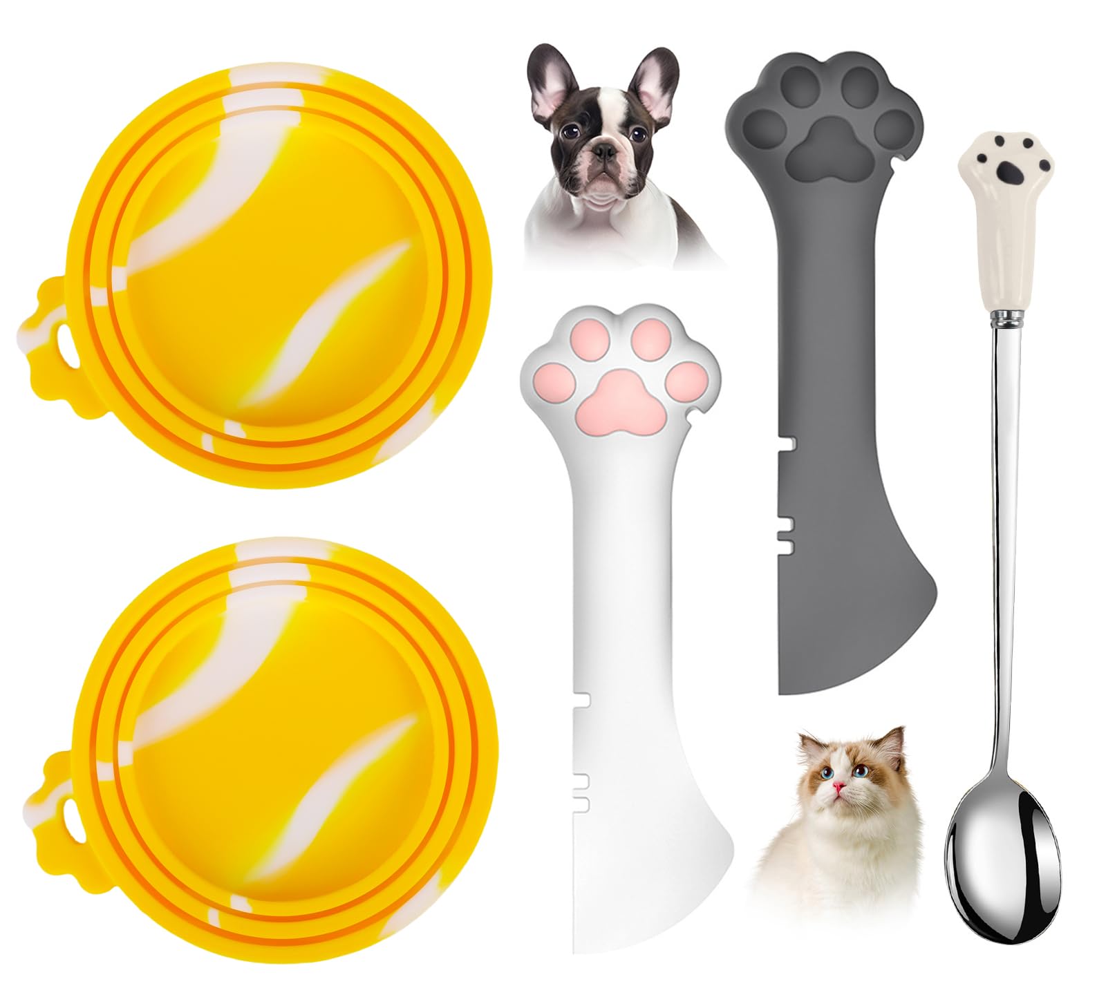 Comtim 5 PCS Pet Food Can Lids & Spoons Set - Silicone Dog Cat Food Can Covers Lids Top/Multi-Function Cat Food Spoon Spatula Can Opener for Wet Food/Long Handle Spoon Easy to Scoop Food