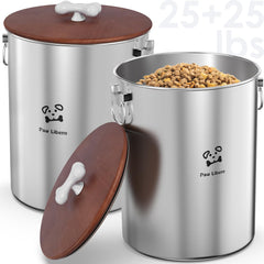 2PK 24-25 Lbs total 50 lbs Stainless Steel Airtight Dog Food Containers with Wooden Lid to Keep Fresh Metal Dog Food Storage Container with Ceramic Handle Easy Clean Dog Food Bin Cat Food Container