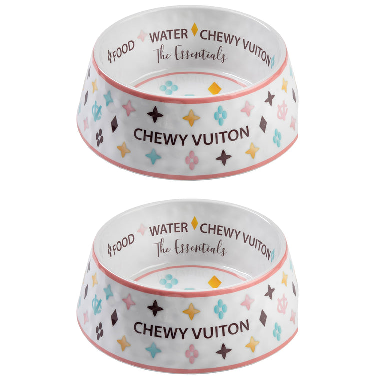 Haute Diggity Dog White Chewy Vuiton Dog Bowl Dog Food & Water Bowls for Small Medium & Large Dog Breeds Food Grade BPA Free Non-Skid Bottom & Dishwasher Safe Size Medium Case of 2