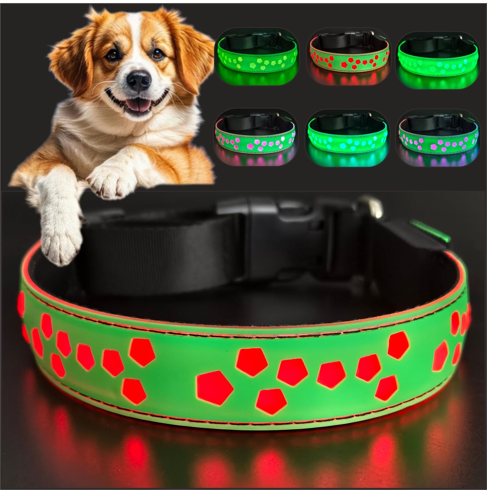 DOGLED Flashing USB-C led Light up Dog Collar Subversive 3D Design Comfortable and Soft MaterialMulticolored Lighting (STR-Green L(19.7-23.6"))