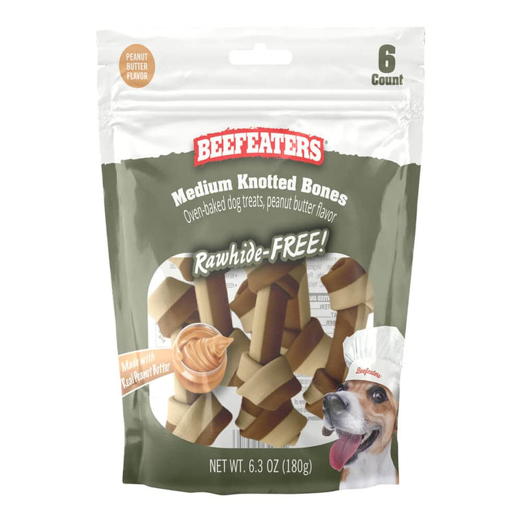 Beefeaters Dog Treats - Medium Knotted Bone Peanut Butter Flavor 6ct | Rawhide Free Dog Food | Real Chicken No Artificial Flavor | Digestion-Friendly Cleans Teeth | Training Treat for All Dog Sizes
