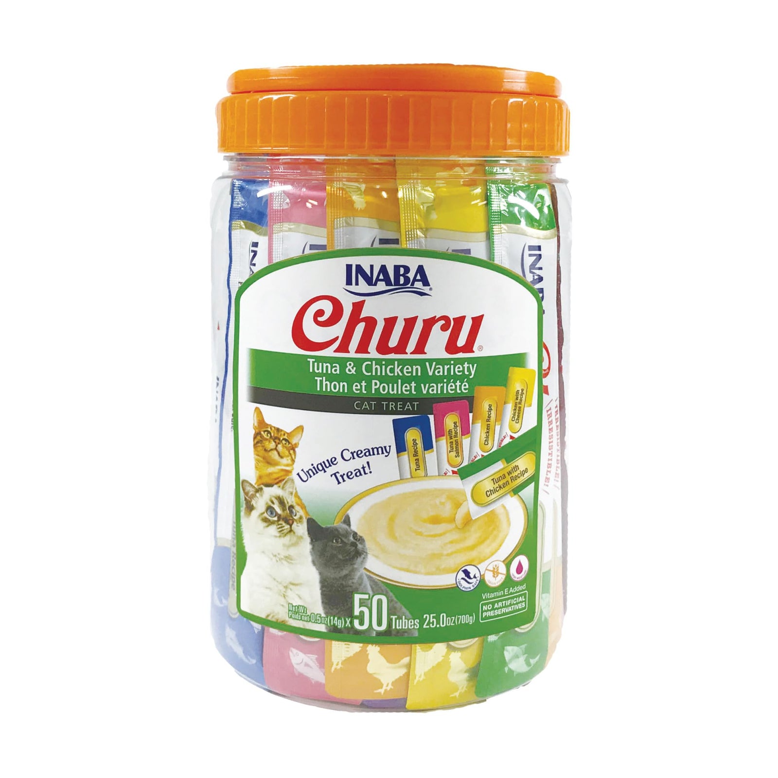 INABA Churu Cat Treats Grain-Free Lickable Squeezable Creamy Purée Cat Treat/Topper with Vitamin E & Taurine 0.5 Ounces Each Tube 50 Tubes Tuna & Chicken Variety