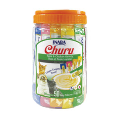 INABA Churu Cat Treats Grain-Free Lickable Squeezable Creamy Purée Cat Treat/Topper with Vitamin E & Taurine 0.5 Ounces Each Tube 50 Tubes Tuna & Chicken Variety