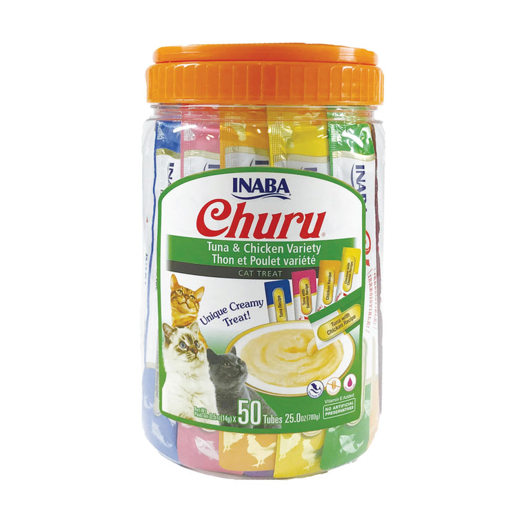 INABA Churu Cat Treats Grain-Free Lickable Squeezable Creamy Purée Cat Treat/Topper with Vitamin E & Taurine 0.5 Ounces Each Tube 50 Tubes Tuna & Chicken Variety