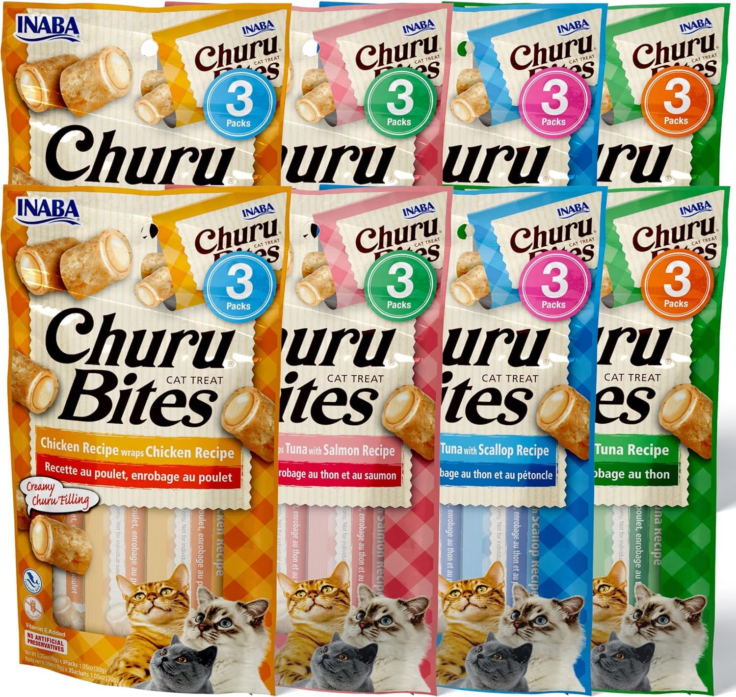 INABA Churu Bites for Cats Soft Baked Chicken Churu Filled Cat Treats with Green Tea Extract 0.35 Ounces Each Tube 24 Tubes Total 4 Flavor Variety