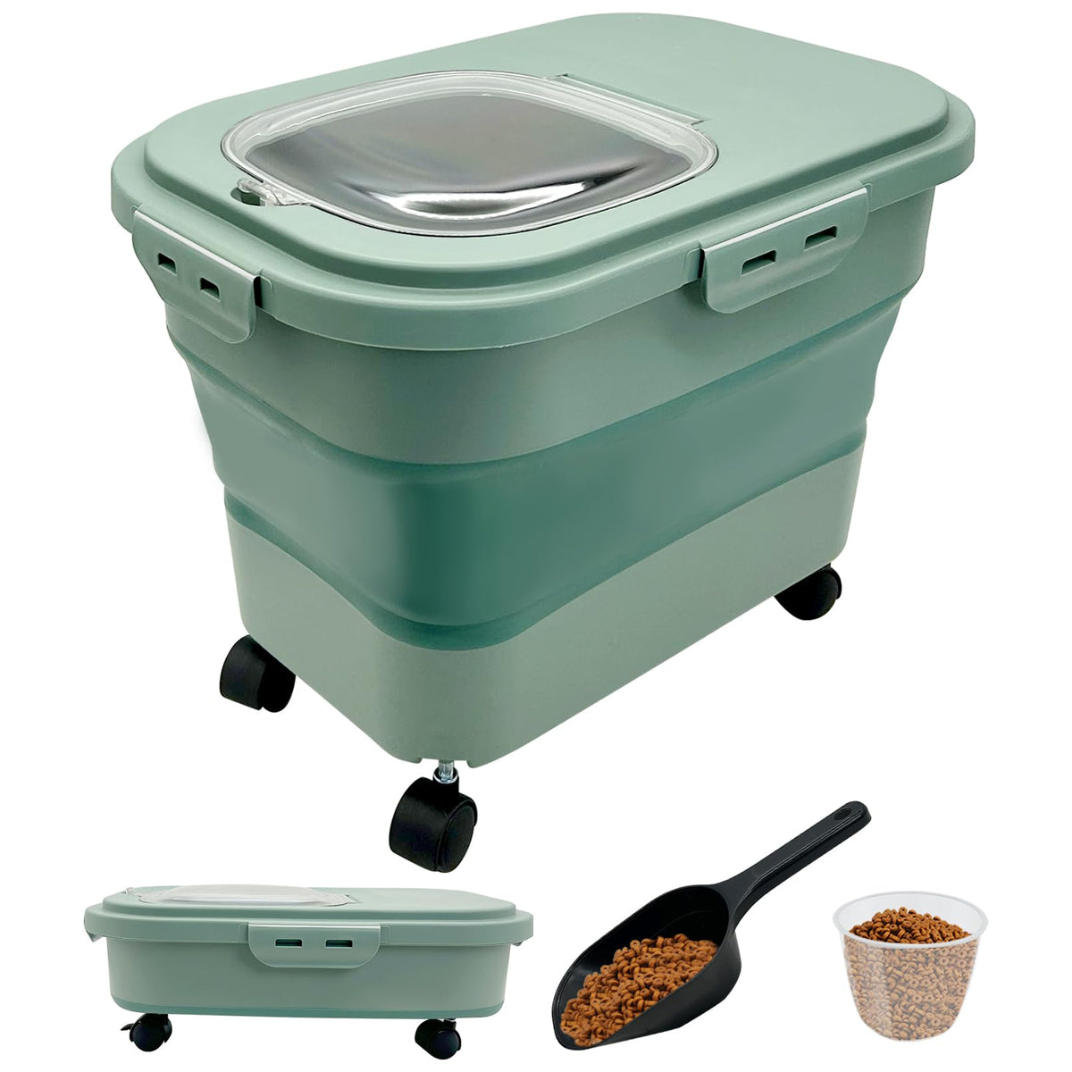 VCEPJH Collapsible Dog Food Storage Container 20 Lb Pet Food Storage with Wheel Scoop Measuring Cup Airtight Cat Food Containers Dry Food Sealed Bucket Kitchen Rice Cereal Flour Holder Bin (LG)