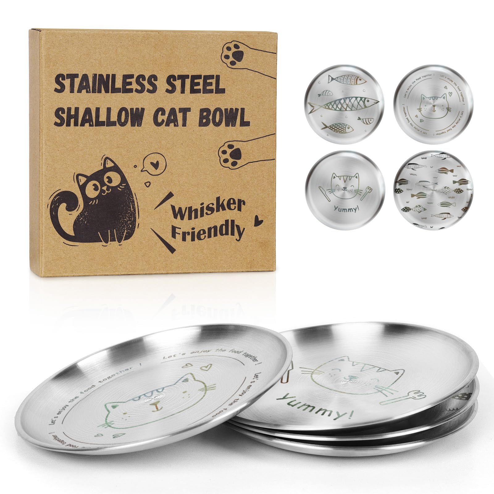 4 Pcs Stainless Steel Cat Bowls Cute 6.7" Whisker Fatigue Cat Food Bowl Cat Dish Plates for Indoor Kitten Cat Small Animals Dishwasher Safe Bowls