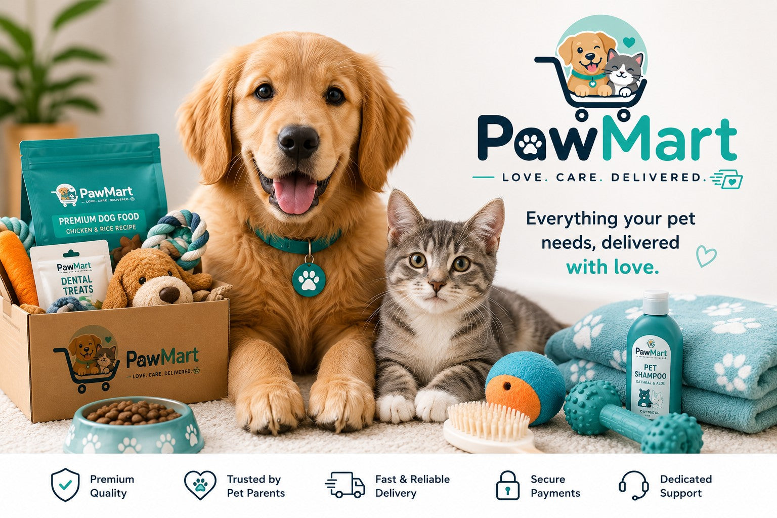 Dog and cat with PawMart pet products